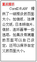 文本框: 重点提示
CorelDRAW 提供了一组预设的页面大小，如信纸、法律公文纸、日本明信片、信封、连环画等一些选项，如果没有满意的页面可以自己设定，还可以保存自定义的页面大小。
