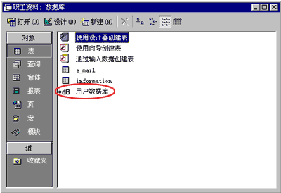 数据库窗口中的表对象