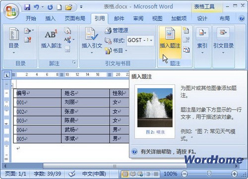 Word2007为表格插入题注