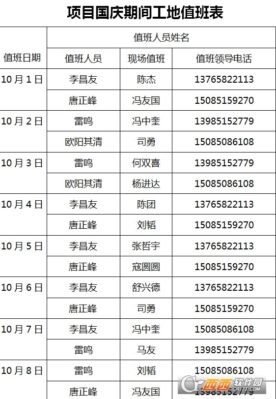 建筑项目部国庆期间工地人员值班表下载