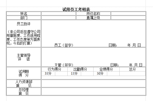 公司新员工试用期间考核表模板下载