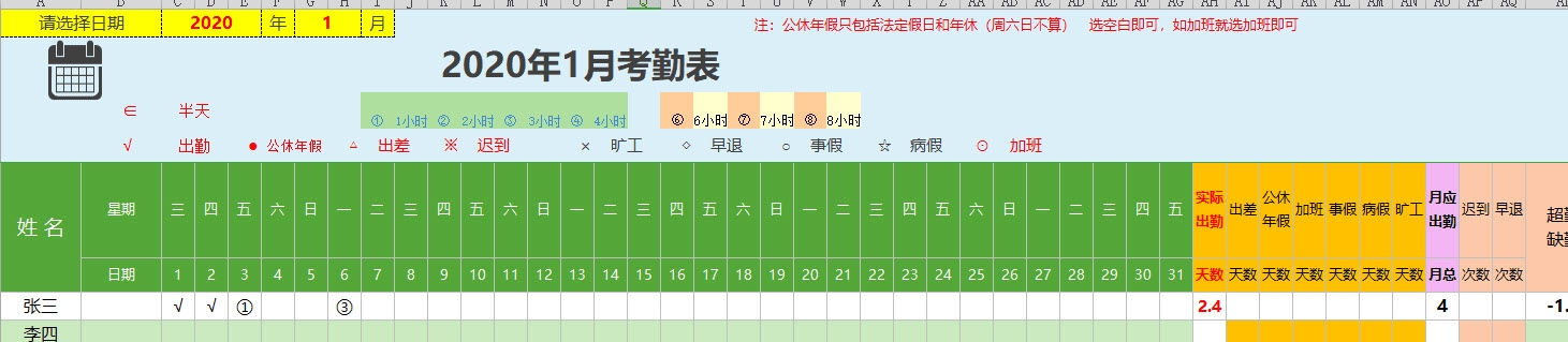 人力资源人事专员必备Excel考勤表(自动公式化统计)下载