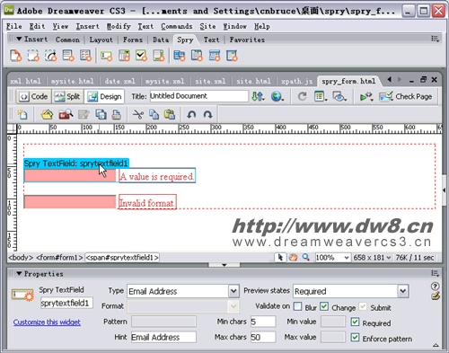 Dreamweaver CS3集成Spry之表单检测试用