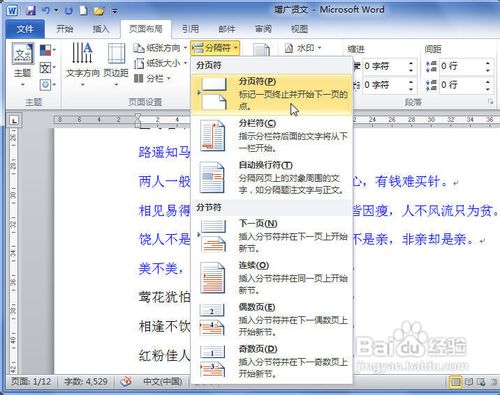 Word2010中插入分页符的两种方法